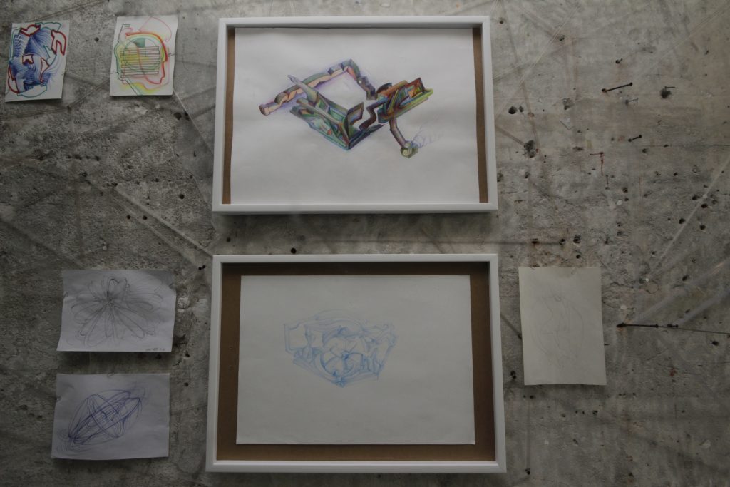 Desene înrămate de Daniel Gaciu pe un perete de beton, „The emperor of utopia”, Atelier 35, București