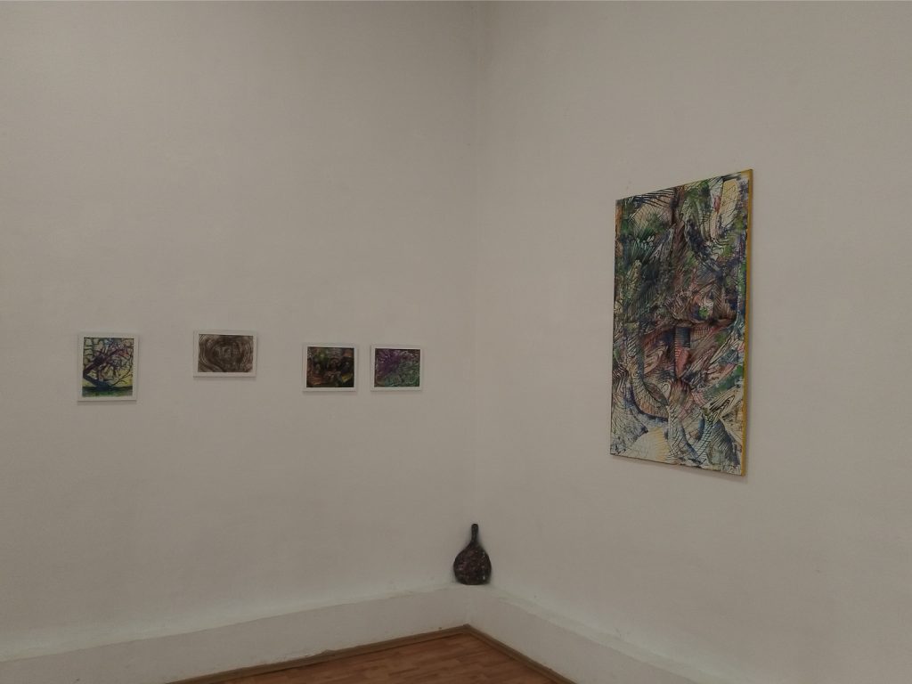 Picturi de Daniel Gaciu pe peretele unei galerii, „Obiecte din afara timpului”, Târgu Jiu