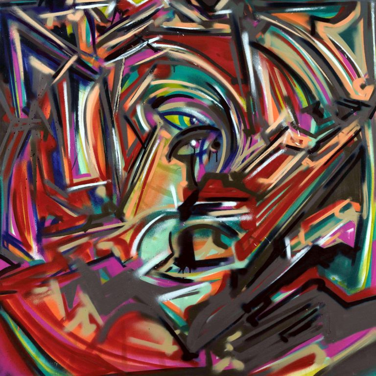 Pictură abstractă de Daniel Gaciu — compoziție geometrică în spirală, roșu și portocaliu, lucrarea 03