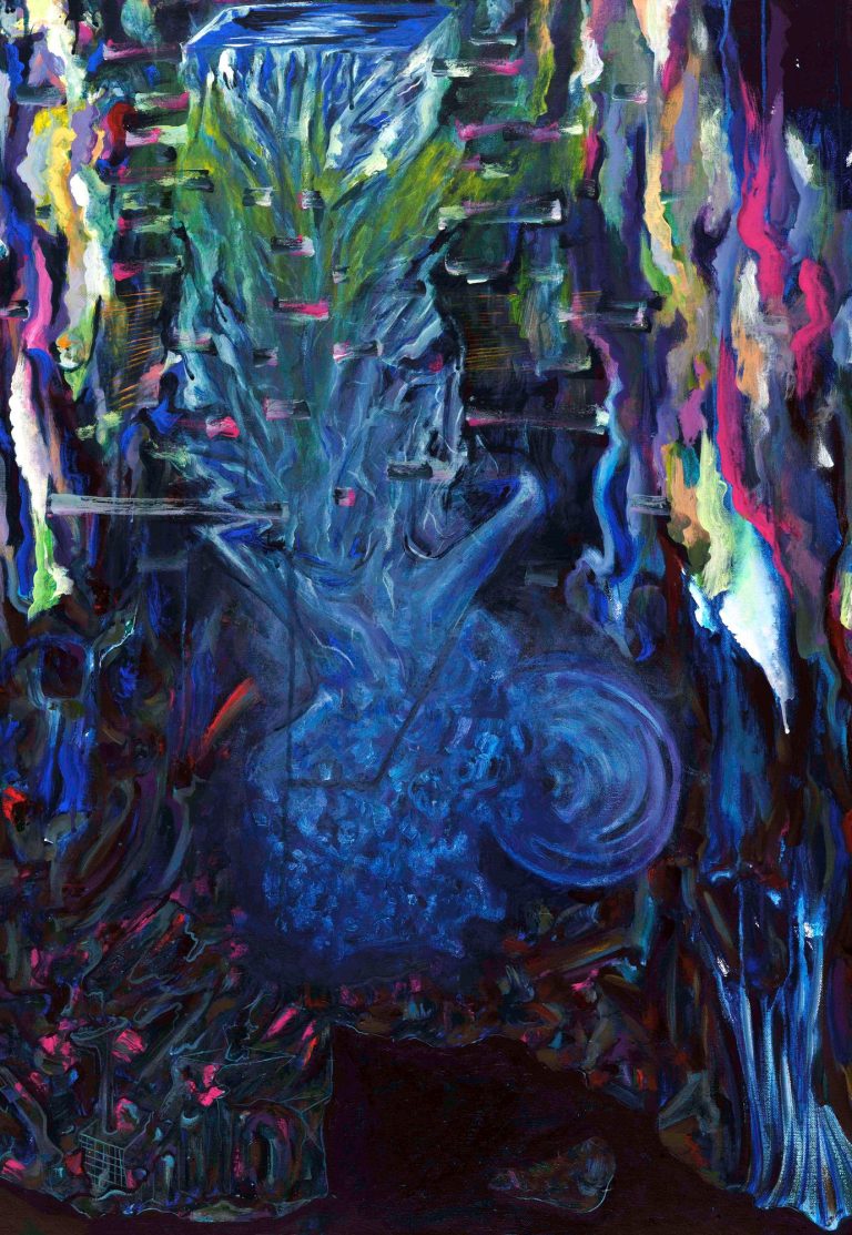 Pictură abstractă de Daniel Gaciu — forme verticale fluide în albastru închis, lucrarea 04