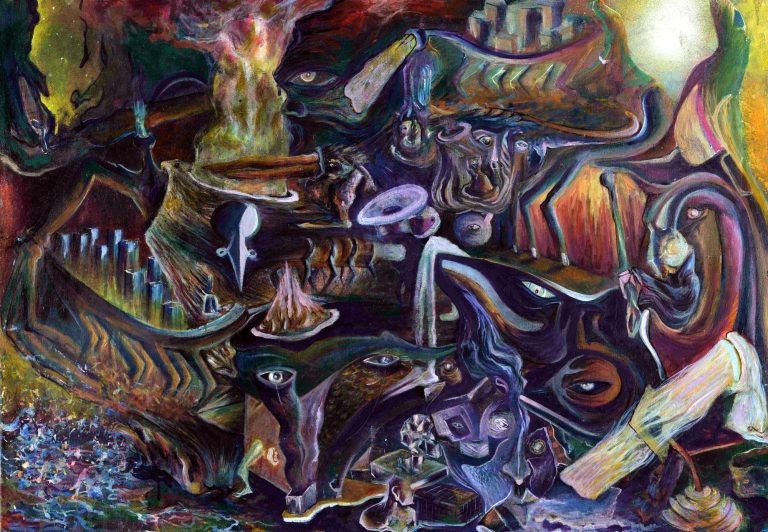 Pictură suprarealistă de Daniel Gaciu — scenă întunecată auriu-maronie cu figuri, lucrarea 07