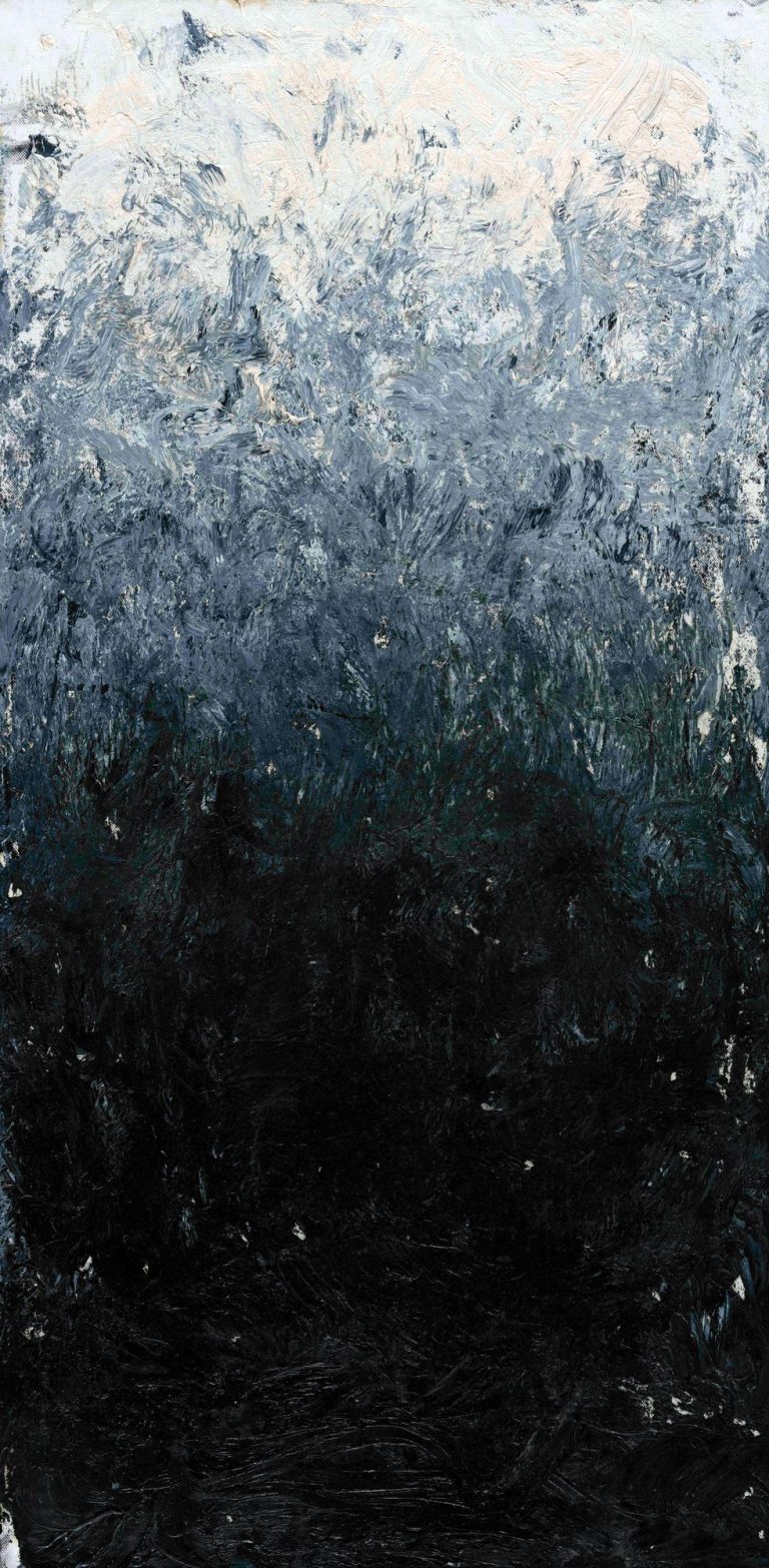Pictură abstractă de Daniel Gaciu — textură abstractă gri și albă care se stinge în negru, lucrarea 08