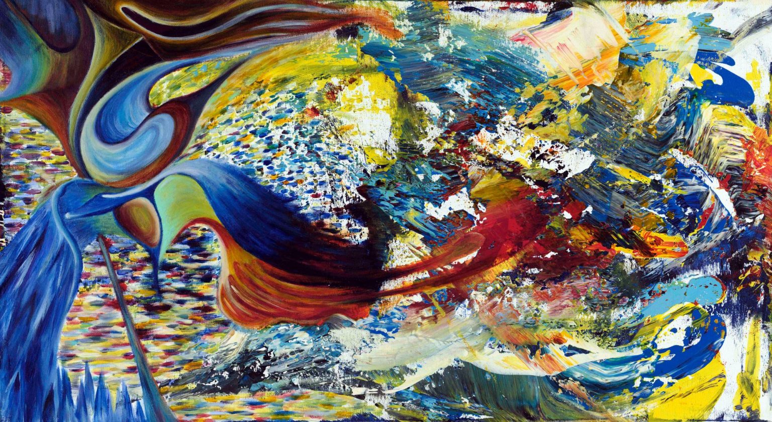 Abstract painting (pictură abstractă) by Daniel Gaciu — abstract landscape with a bird form in yellow and blue, work 11
